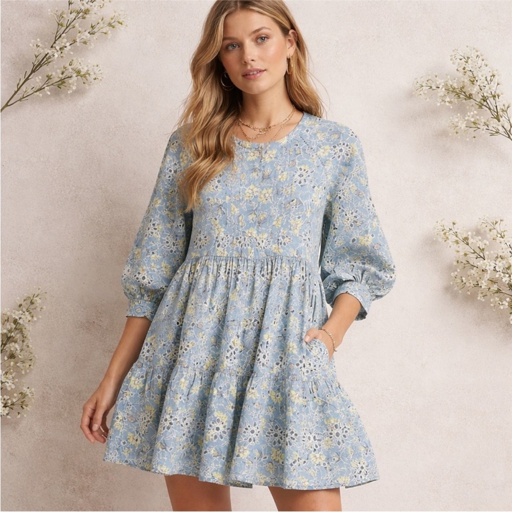 DRA Light Blue Floral Eyelet Babydoll Dress #93